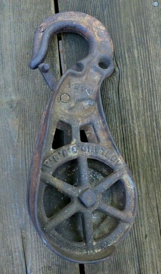 Antique Myers Cast Iron Hay Trolley Pulley Barn Wheel,  Block Tackle Wheel