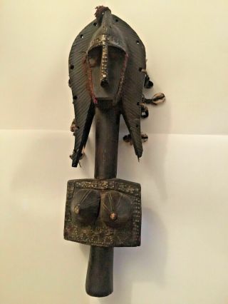 Vintage African Statue Old Wood Metal Carved Tribal Art Statue