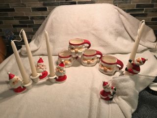 Set 9 Vtg Hh Holt Howard Japan Winking Santa Claus Mini Mugs & Candle Holder Hug