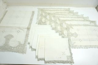 14 Vintage Madeira Embroidered Linen Napkins & Placemats Set,  Runner Off White