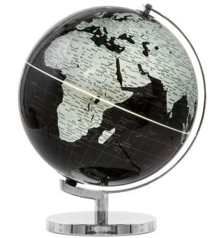 Illuminated Black & Silver Rotating Globe On Metal Base Atlas Desk Ornament