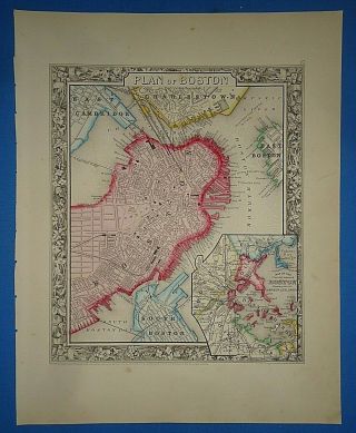 Vintage 1861 Boston,  Massachusetts Map Old Antique Atlas Map