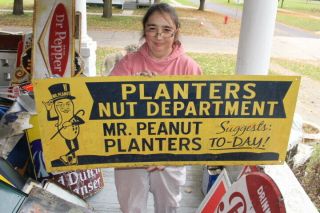 Large Vintage 1950s Planters Peanuts Nut Department Candy Gas Oil 40 " Metal Sign