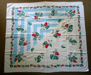 Vintage Green & Red Pepper Cotton Table Cloth 50 " X 44 " Vgc