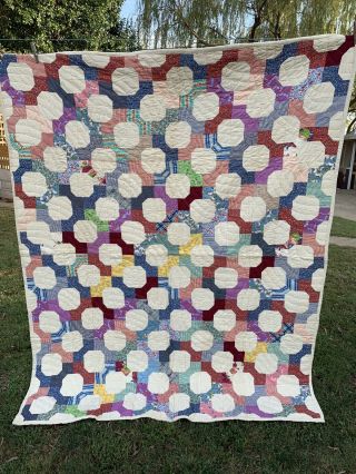 Vintage Hand Quilted Feedsack Fabric Bow Tie Pattern Quilt