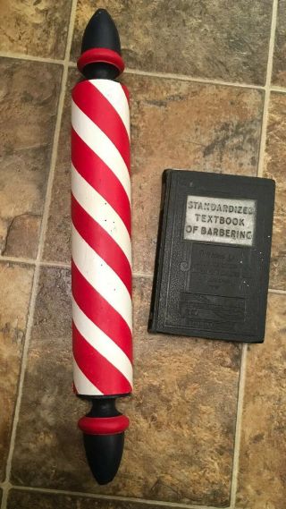 Antique Barber Pole Wooden Early Piece With Textbook Of Barbering