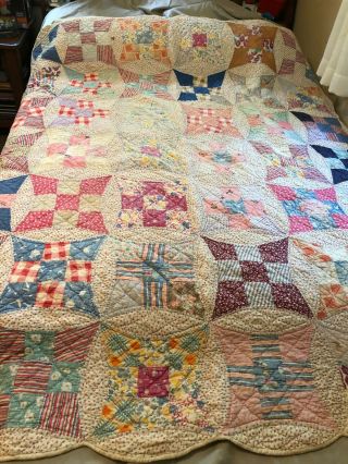 Vtg 1930s Hand Stitched Cotton Feedsack Glorified 9 Patch Quilt 73 X 60 Circles