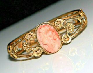 Antique Victorian Ornate High Relief Carved Salmon Coral Cameo Bangle Bracelet