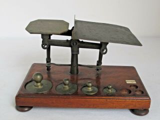 Antique Balance Scale Walnut And Brass Weights