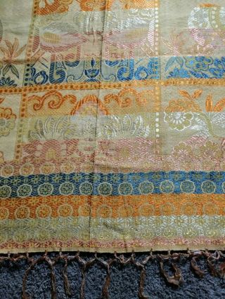 Vintage Italian Woven Bedspread Coverlet Damask Fringe Italy Fabric Asian Motif