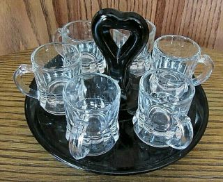 12 Federal Glass Miniature Beer Mug Shot Glasses Vintage Black Glass Round Tray