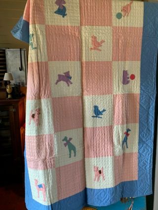 Vintage Antique Baby Blanket Animals Dog Bird Cat Bear Pink Blue Quilt 1940s