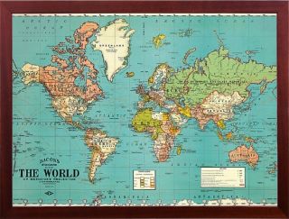 Bacons Old Map Of The World Map Parchment Paper In Walnut Wood Frame Wall Decor