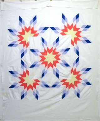 Vintage Handmade Red Blue Yellow White Star Pattern Quilt Top - 88 " X 66 "