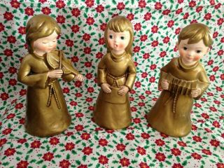 Vintage Set 3 Ardco Christmas Gold Angels Playing Instruments 6.  25 " Tall Japan