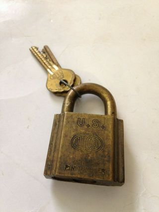 Vintage Ilco Brass Padlock Marked U.  S.  Pin Tumbler W/original Ilco Keys