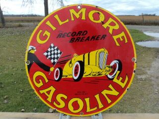 Old 1939 Gilmore Gasoline " The Record Breaker " Porcelain Enamel Gas Pump Sign