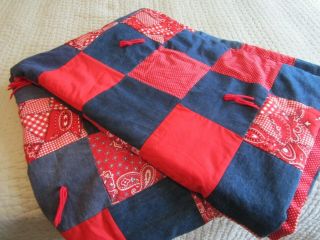Vintage Patchwork Quilt Red White Blue Denim Bandanna Hand Tied Knots