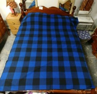 Vintage Woolrich Blue And Black Plaid Wool Blanket Queen Size