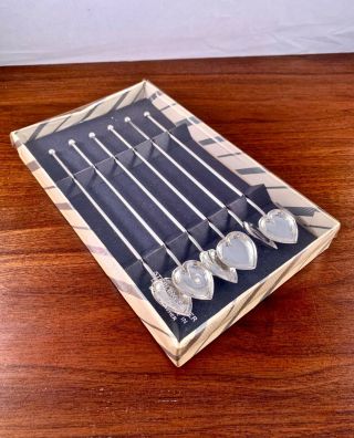 (6) American Sterling Silver Sipper Straws With Heart - Shaped Bowls: In Orig Box