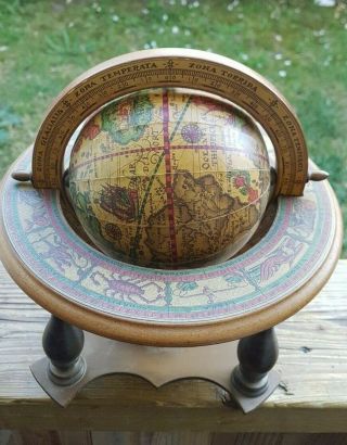 Vintage Wooden World Globe On Stand Made In Italy Desk Ornament
