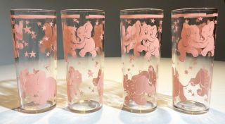 Hazel Atlas Set Of Dancing Pink Elephants Highball Glasses Barware Qty 4