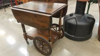 Vintage Solid Wood Rolling Bar Tea Trolley Serving Cart (Drop Leaf) Mahogany 2