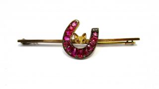 18k Victorian Yellow Gold Lucky Horse Shoe And Fox Natural Ruby Diamonds Pin