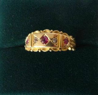 Antique Edwardian English Hallmarked 18ct Solid Gold Ruby & Diamond Ring,  C1901