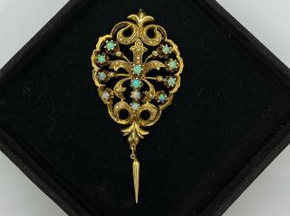 Antique Victorian 14k Gold Fire Opals Seed Pearls Brooch Pendant