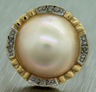 Ladies Vintage Estate 14k 585 Yellow Gold Pearl Diamond Cocktail Ring