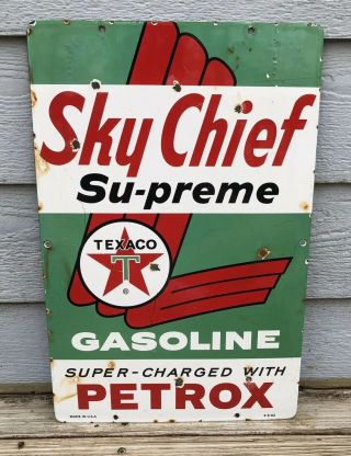 Texaco Sky Chief Pump Plate Porcelain Skychief Gas Oil 18”x12”
