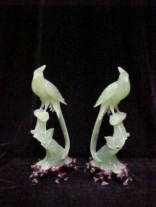 (2) 10 " Vintage Chinese Asian Green Jade Hardstone Pheasant Bird Carved Figurine