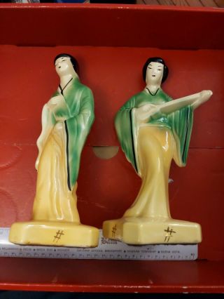 Japan Japanese Women Man Ceramic Figures Green Geisha Statue Ukelelee