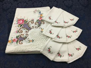 Vintage Cotton Tablecloth Floral Embroidery Crochet Lace & 12 Napkins 96 " X 66 "