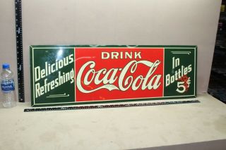 Scarce 1930s Drink Coca Cola Embossed Metal Sign In Bottle 5 Cent Fountain Farm