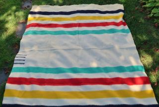 Vintage Hudson Bay Four Point Wool Blanket - White W/ Stripes,  94 " X 74 " England