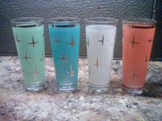 Mid - Century Modern Atomic Starburst Glasses Set Of Four Frosted Pastels
