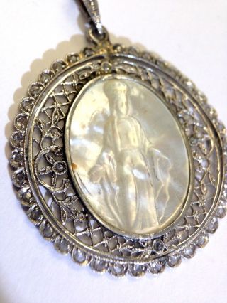 Gorgeous Antique Platinum Rose Cut Diamond Mother of Pearl Religious Pendant 2