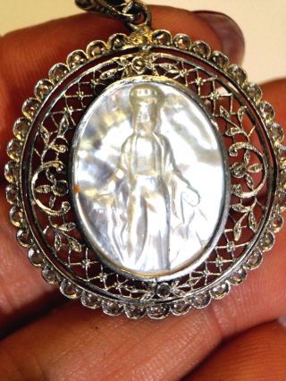 Gorgeous Antique Platinum Rose Cut Diamond Mother of Pearl Religious Pendant 3