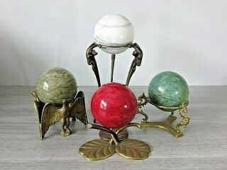 4 Large Polished Marble Stone Granite Decorative Round Sphere Orb Balls W/ Stand