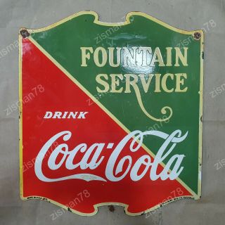 Coca Cola Fountain Service 2 Sided Vintage Porcelain Sign 22 1/2 X 25 Inches