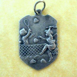 Antique Art Nouveau German 800 Silver Charm Nymphs Play Tennis With Hearts Rare