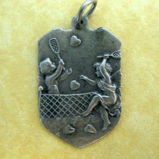 Antique Art Nouveau German 800 Silver Charm Nymphs Play Tennis with Hearts Rare 2