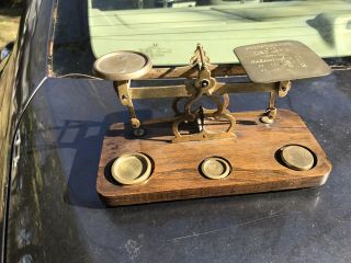 Antique Postal Scale Wood Base & Brass Weights