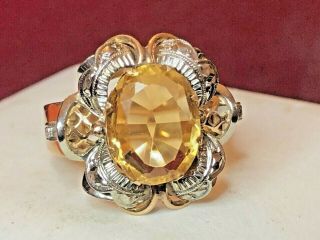 Antique Estate 18k Gold Yellow Citrine & Diamond Ring 750 Gemstone Art Deco