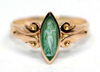 Antique 9 Ct Gold Green Hard Stone Carved Ring Italian Style Edwardian Size R