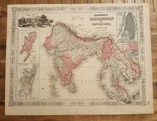 Antique Colored Map Of Hindostan Or British India - Johnson 