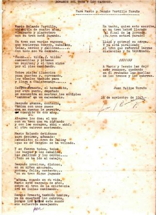 Romance Del Tren Y Los Carros Signed Poem Juan Felipe Toruno Poet Nicaragua 1963