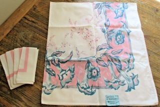 Vintage California Hand Prints Tablecloth Pink Lilies 54 X 54 Plus Four Napkins